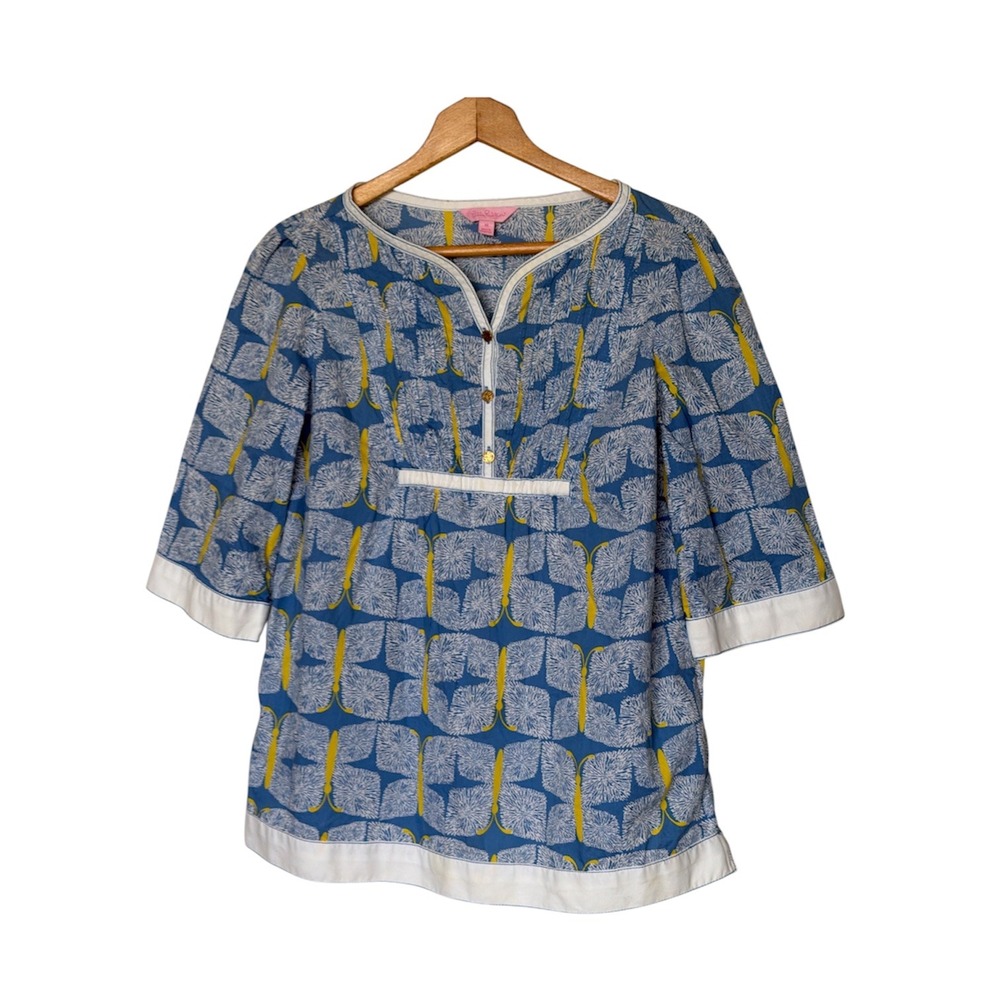Lilly Pulitzer Tunic Top Womens Medium Blue Yellow Butterfly Print 3/4 Sleeve